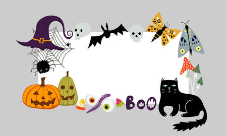 Halloween design for greeting card, banner, poster, invitation. Vector isolated elements. Black cat, witch hat spider web, moths, pumpkins. Trick or treat party flyer template. Flat cartoon design.のイラスト素材