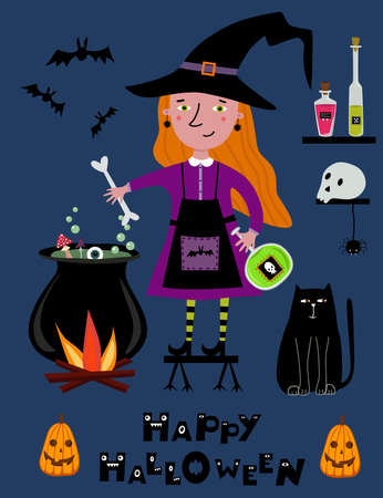 Happy Halloween poster with cute witch preparing a potion. Spooky vector illustration. Halloween greeting card. Young witch with her elexires, black cat, pumpkins and cauldron. Cartoon illustration.のイラスト素材