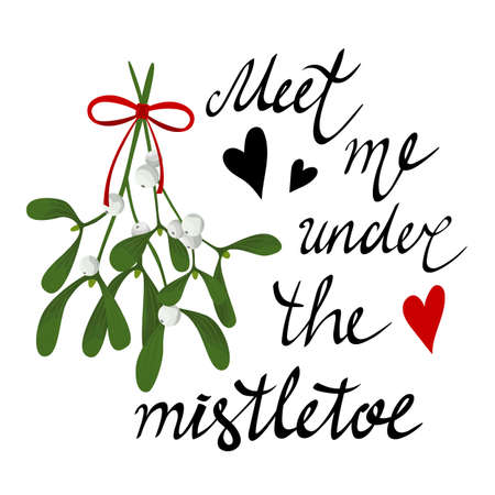 Meet me under the mistletoe. Handwritten lettering and the mistletoe branch with white berries, red ribbon, heart. Christmas tradition Kissing bough. Vector illustration isolated on white background.のイラスト素材