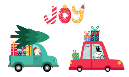 Christmas and New Year holiday shopping. Red car and green truck. Joy lettering. Snowman driver. Vector illustration isolated on white background. Gifts and fir tree delivery. Greeting card, poster.のイラスト素材