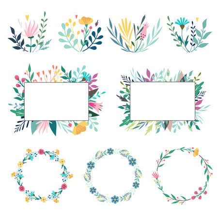 Set of spring floral design elements. Compositions, frames, wreaths. Wild flowers, leaves, berries, bouquet. Vector illustration isolated on white background. For banner, poster, card, invitation.のイラスト素材