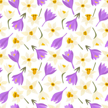 Floral seamless pattern with spring flowers. White narcissus, crocus, daffodil. Isolated vector illustration. Background for wrapping paper, textile, fabric, wallpaper, scrapbook. Flat cartoon design.のイラスト素材