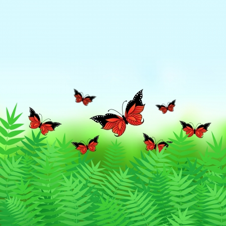 Natural background with butterflies flying over grassのイラスト素材