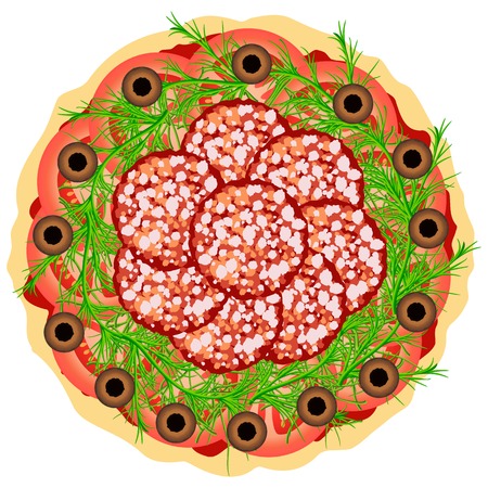 Pizza with salami and olives over white. Vector illustrationのイラスト素材
