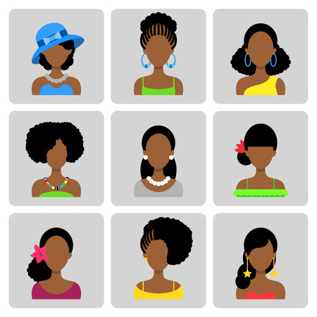 Set of Flat Rectangle Icons with Different African Women Fashion Styles. Vector charactersのイラスト素材
