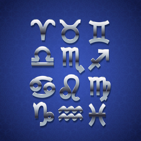 Silver Zodiac Symbol Icons on textured background. Vector illustrationのイラスト素材