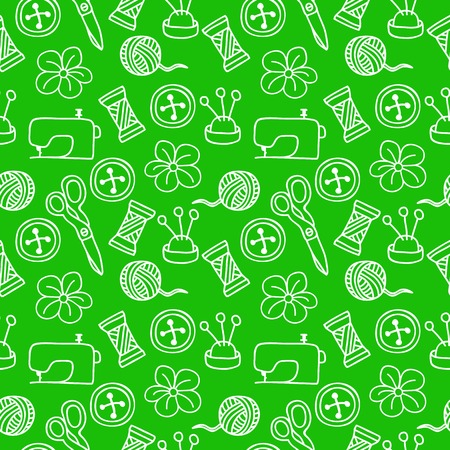 Cartoon Hand Drawn Seamless Pattern with Sewing and Tailoring Elements. のイラスト素材