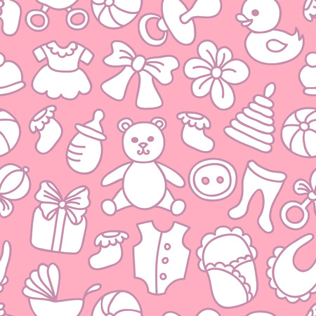 Baby Girl Seamless Pattern with Toys and baby Goods. のイラスト素材