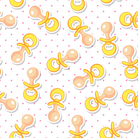 Baby Seamless Pattern with Yellow Soother and Polka dots. Vector backgroundのイラスト素材