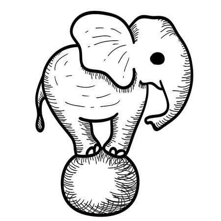 Cute Cartoon Elephant Standing on a Ball. Vector Hand drawn Illustration. Sketch Isolated on Whiteのイラスト素材