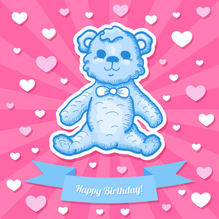 Colorful Happy Birthday Baby Card Design with Teddy Bear. Vector illustrationのイラスト素材