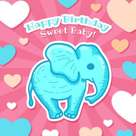 Colorful Happy Birthday Baby Card Design with little elephant. Vector illustrationのイラスト素材