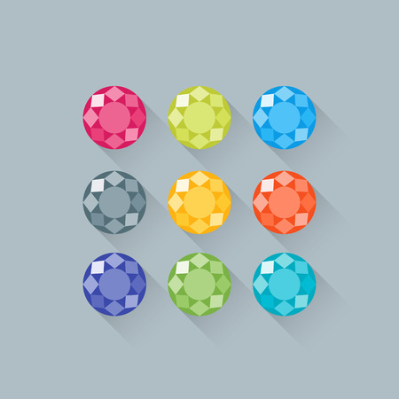 Flat icons set with long shadows. Nine round precious gems. Vector elementsのイラスト素材