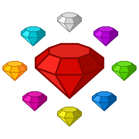 Cartoon diamonds icons set in different colors. Vector gems on white backgroundのイラスト素材