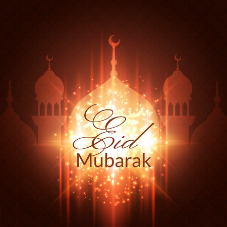 Eid Mubarak Greeting Card with mosque and lights. Vector festive islamic backgroundのイラスト素材
