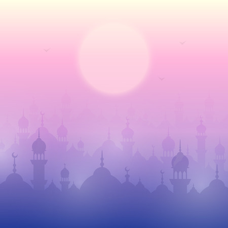 Sunset landscape wallpaper with mosques. Vector background for holy month of muslim community Ramadan Kareem celebrationのイラスト素材