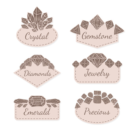 Vector Frame Collection with Gems and Crystals. Set of doodle hand drawn jewelry labels for wedding invitations, save the date and birthday cards, etc. Oval, diamond and polygon shaped frames with different precious gemstones isolated on whiteのイラスト素材