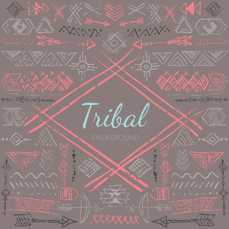 Vector Abstract Tribal Frame with doodle hand drawn symbols. Ethnic design for creative cards and backgroundsのイラスト素材