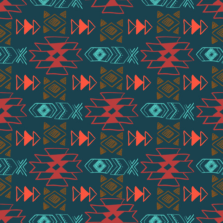 Native American Seamless Pattern with abstract aztec symbols. Colored Hand drawn doodle vector background for textile, wallpaper, cards decorationのイラスト素材