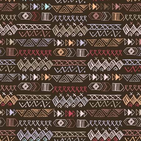 Native American Seamless Pattern with abstract aztec symbols. Colored Hand drawn doodle vector background for textile, wallpaper, cards decorationのイラスト素材