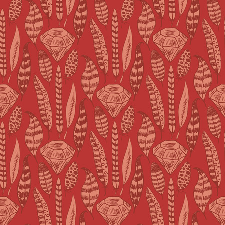 Doodle Hand drawn Seamless Pattern with Feathers and Diamond. Boho style. Colored vector wallpaperのイラスト素材