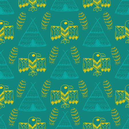 Native American Seamless Pattern with different tribal symbols: wigwam, feathers, eagle. Colored Hand drawn doodle vector background for textile, wallpaperのイラスト素材