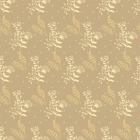 Vector Floral Pattern with blooming flowers and feathers. Seamless hand drawn doodle background for textile or wallpaperのイラスト素材