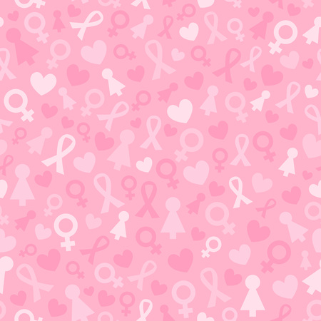 Light Pink Seamless Pattern with ribbon, heart, feminine sign. For Breast Cancer Awareness Month campaign backgrounds. Vector illustrationのイラスト素材