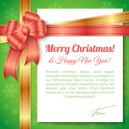 Merry Christmas and Happy New Year Greeting Background with ribbon, bow and white paper sheet with place for text.のイラスト素材