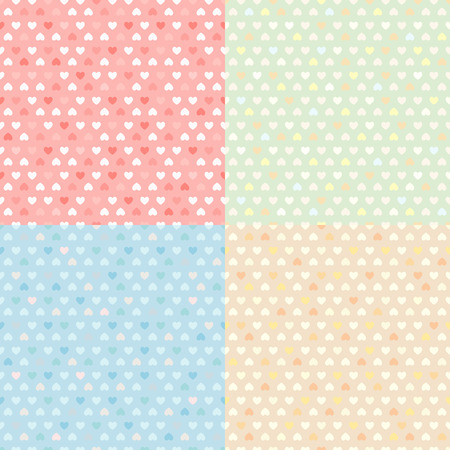 Colored Seamless Patterns Set with Hearts for Wedding or Valentines Day designs. Vector light pastel...
