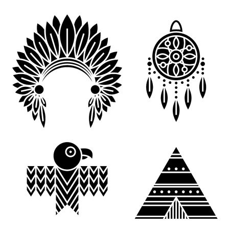 Native American Indians Icons Set. Tribal symbols isolated on white. Black silhouettesのイラスト素材