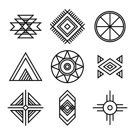 Native American Indians Tribal Symbols Set. Linear Style. Geometric icons isolated on whiteのイラスト素材