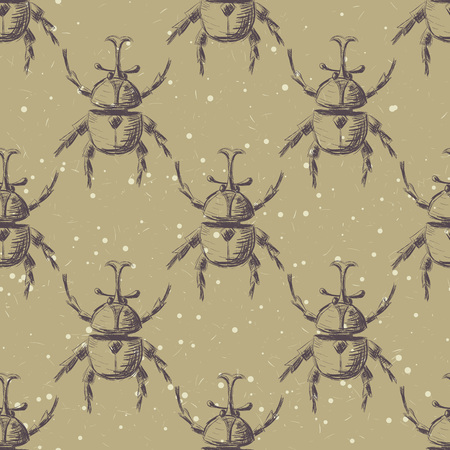 Hand drawn Sketch Beetles Seamless Pattern. Art wallpaper with insects for prints or other creative design. Vintage style backgroundのイラスト素材