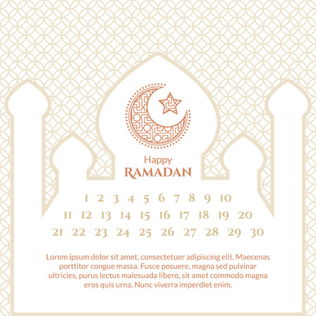Ramadan Calendar Template. Islamic Greeting Background with mosque, moon and star. Vector festive designのイラスト素材