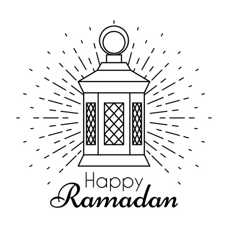 Luminous Lantern with greeting lettering Happy Ramadan. Festive vector illustration for the celebration of holy month Ramadan. Thin line art designのイラスト素材