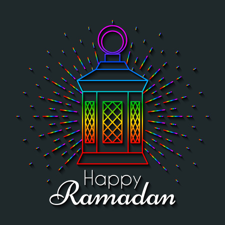 Rainbow Greeting Card for celebration of Holy Month Ramadan Kareem. Dark vector line art background with arabic lampのイラスト素材