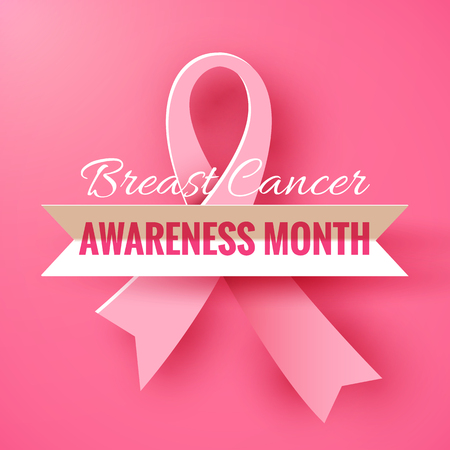 Pink background with paper ribbon symbol of breast cancer october awareness month campaignのイラスト素材