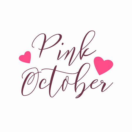 Pink October Logo with hearts. Calligraphy lettering isolated on whiteのイラスト素材