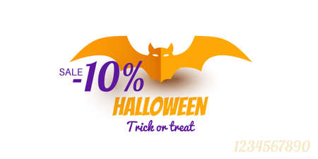 10 Percent Sale Offer Halloween Background with Yellow Paper Bat. Trick or treat lettering. Vector illustration for holiday salling designsのイラスト素材