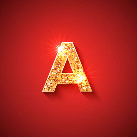 Glowing Golden Letter Y on red colored background. English alphabet. For decoration of any holidays, sale offers, birthday, new year, christmas or casino designs.のイラスト素材
