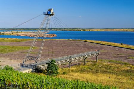 Grossraeschen lake and vineyardの写真素材
