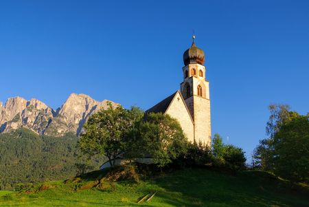 Church St. Constantine and mountain Schlernの写真素材