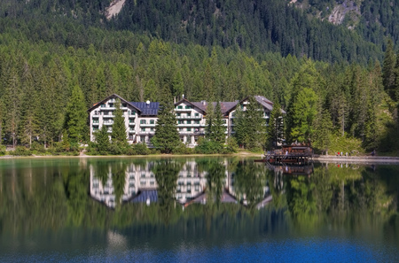 Lake Prags in italian Alpsの写真素材