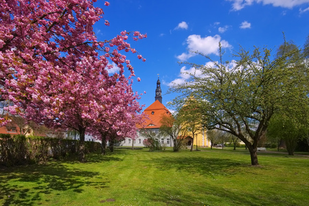 Luebben castle in spring with blossom of cherry treesのeditorial素材
