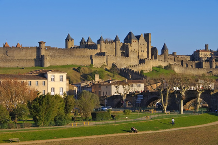 Castle of Carcassonne and Pont Vieux, in southern  Franceのeditorial素材