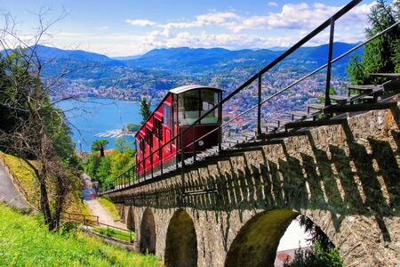 Lugano funicular to the Monte Bre and Lake Lugano, Switzerlandの写真素材