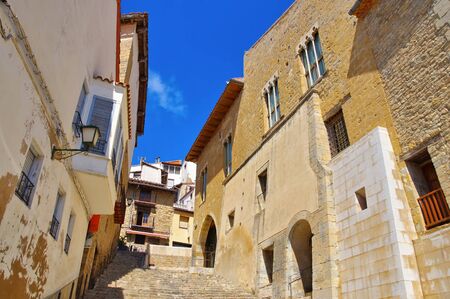 townhall and stair in the old medieval town of Morella, Castellon in Spainの写真素材