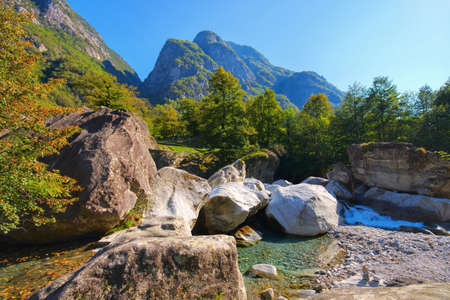typical rocks in river Bavona in the Bavona Valley, Ticino in Switzerland, Europeの写真素材