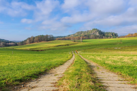 mountain Rauenstein in Elbe Sandstone Mountains, Germany in autumnの写真素材