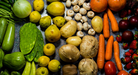 Healthy fresh rainbow colored fruits and vegetables background on kitchen table